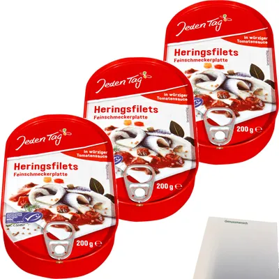 Produktbild von Jeden Tag MSC Herings-Filets Feinschmeckerplatte in würziger Tomatencreme 3er Pack (3x200g Dose) + usy Block