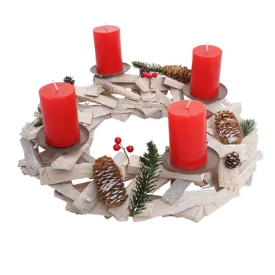 Produktbild von Adventskranz rund, Weihnachtsdeko Tischkranz, Holz Ø 40cm weiß-grau  mit Kerzen, rot