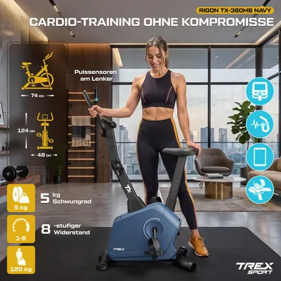 Produktbild von TREX SPORT Heimtrainer Fahrrad für Zuhause TX-380MB RIGON | Magnetisches Fitnessbike, leise | LCD Display, Pulsmesser, 8 Stufen, bis 120kg| Marineblau