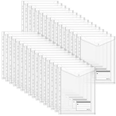 Produktbild von Dokumententaschen A4 mit Druckknopf, 32 Stück, transparent, 11 Löcher, mit Etikettentasche