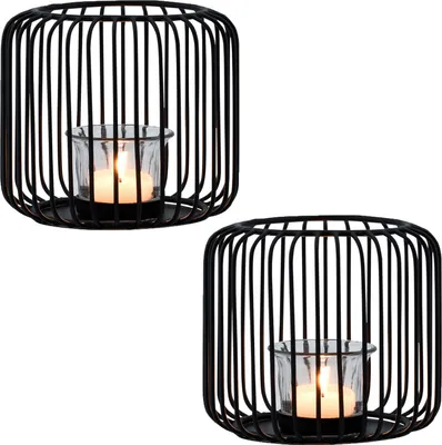 Immagine prodotto di Set di 2 lanterne decorative scandinave in metallo e vetro 14cm grandi nere | Lanterna porta tea light Cibolo come decorazione da giardino e da tavolo per il soggiorno | Squisiti portacandele per tea light