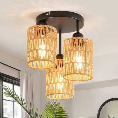 Image de Lampe LED à 3 ampoules - Lampe suspendue en rotin avec abat-jour vintage en bambou et osier pour le salon, la chambre, la cuisine et l'entrée