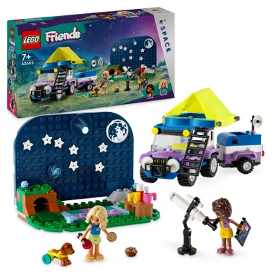Produktbild von LEGO Friends Sterngucker-Campingfahrzeug Set mit Geländewagen-Auto und Spielzeug-Teleskop, Geschenk ab 7 Jahre für Mädchen und Jungen, beinhaltet die Spielfiguren Nova, Aliya und einen Hund 42603