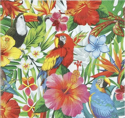 Produktbild von Servietten Bunte Blätter Blumen Papageien Hawaii Aloha Feiertage 33x33cm 12St.
