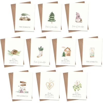 Produktbild von Set mit 20 Weihnachtskarten mit Umschlägen, aus Kraftpapier, mit verschiedenen Designs