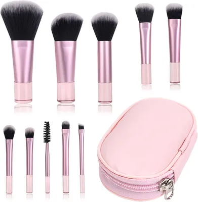 Produktbild von Reise Make-up Pinsel Set, 10 Mini Pinsel, Professionelle Set mit PolyurethanTasche, Rosa, für Zuhause und Unterwegs