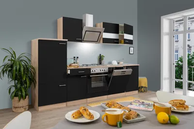Produktbild von Küche Küchenzeile Küchenblock Einbauküche Eiche Schwarz Merle 280 cm Respekta