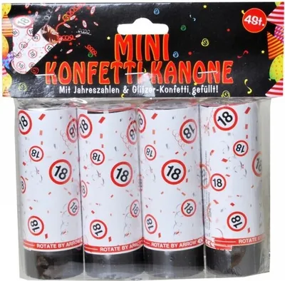 Produktbild von Set Konfetti Kanonen mit Jahreszahl zum 18. Geburtstag weiss/rot