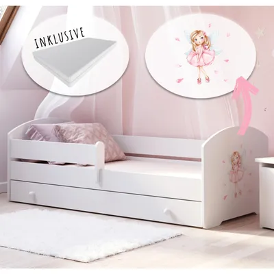 Obrázok produktu pre Detská posteľ 80x160 cm s matracom a zásuvkou, ochranou proti vypadnutiu a lamelovým roštom v bielej farbe s motívom princeznej Kompletná posteľ pre mladých Jednolôžková posteľ Drevo
