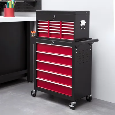Image de Chariot à outils en deux parties, verrouillable, 14 tiroirs, paroi perforée, chariot d'atelier en acier, rouge | 76 x 33 x 75 cm | 19 kg