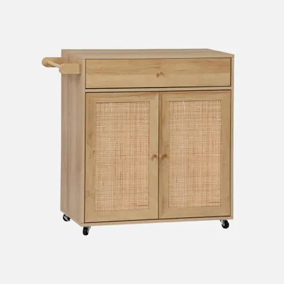 Produktbild von sweeek - Küchenwagen Holz-Optik und Rattan-Geflecht, 1 Griff, 1 Schublade, 2 Türen - Natur