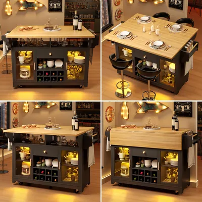 Produktbild von Servierwagen 120x80x95cm aus MDF und Metall in Schwarz mit RGB-LED-Beleuchtung und beidseitig ausklappbarer Tischplatte für die Küche