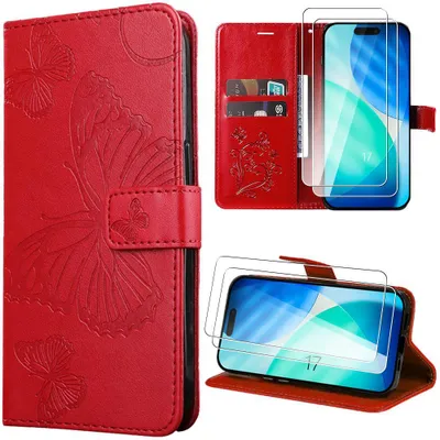 Image de Coque + 2 Verres Trempés pour iPhone 17, Flip Case CuirPolyuréthaneAntichoc Motif Plante Papillon Rouge