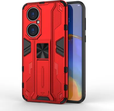 Produktbild von Huawei P50 Hülle, Dual Layer PC TPU Bumper Stoßfest Ständer Schutzhülle für Huawei P50 Rot