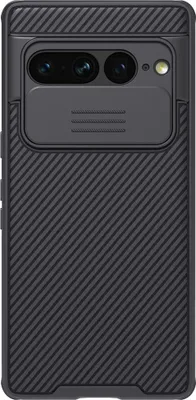A black phone case with a textured back and a sliding camera cover is shown against a black background.