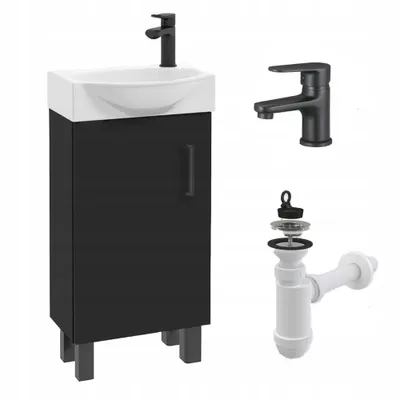 Produktbild von Stamar Waschtisch mit Unterschrank Stehend 40 cm Schwarz Matt | Badmöbel Set mit Keramik-Waschbecken und schwarzer Armatur Klein
