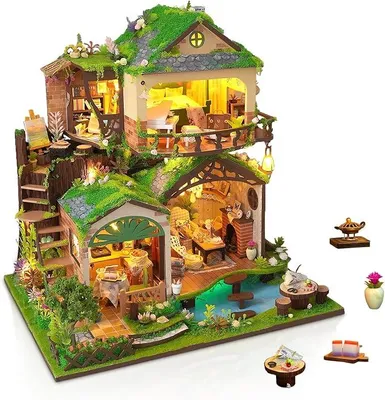 Imagen del producto de Casita en miniatura, casa de muñecas, cabaña de madera verde con luces LED