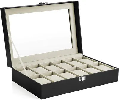 Produktbild von SONGMICS Uhrenbox mit 12 Fächern, Uhrenkasten mit Glasdeckel, Uhrenkoffer mit herausnehmbaren Uhrenkissen, Metallverschluss, Uhrenschatulle, PolyurethanBezug in Schwarz, Samtfutter in Beige JWB12BE