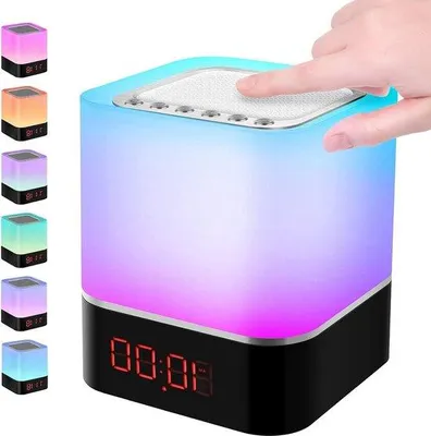Zdjęcie produktu dla Budzik Bluetooth 5 w 1 z lampką LED, funkcją dotykową, 7 kolorami, cyfrowym odtwarzaczem MP3, kartą SD i portem USB