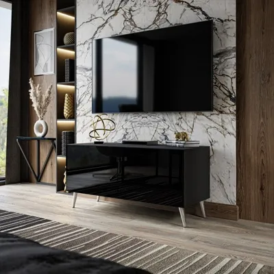 Produktbild von TV-Schrank AURA 100 schwarz hochglanz mit LED, Beine- Chrom
