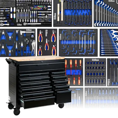 Produktbild von Profi Werkstattwagen Star XL bestückt 103 x 112 cm Stahl Hartholzarbeitsplatte 12 Schubladen schwarz/grau