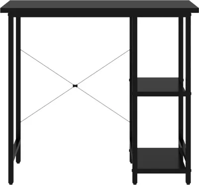 A black computer desk with shelves on the right side, shown against a white background.