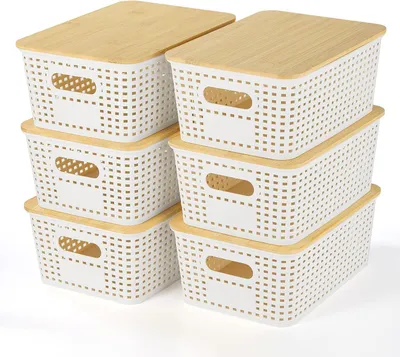 Zdjęcie produktu dla Pojemniki do przechowywania zestaw 6 sztuk, biały, tworzywo sztuczne z bambusową pokrywą, 25.5 x 18.5 x 10.5