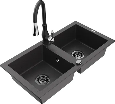 Produktbild von Mexen Mario 2-Becken-Granitspüle mit Mischbatterie Savita, Schwarz gesprenkelt - 6504-76-672601-70-B