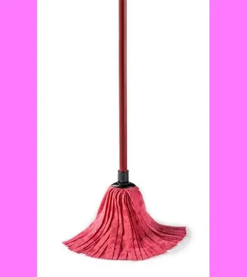 A red mop with a dark handle is shown against a white background with pink borders.