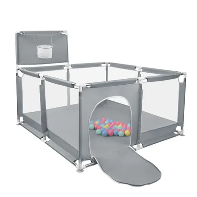 Produktbild von Baby Laufgitter 126*126cm Laufstall Absperrgitter mit 50 Bällen,Basketball Korb, Rutschfester Basis Dunkelgrau