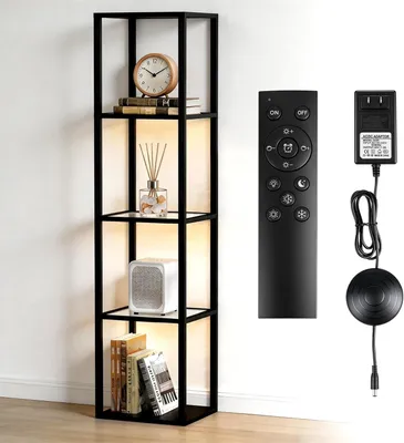 Produktbild von Bücherregal mit Dimmbare LED Beleuchtung Glasvitrine Stehlampe mit Glasregal Vitrinenschrank Eckregal Stehend für Wohnzimmer, Büro, Spielzimmer