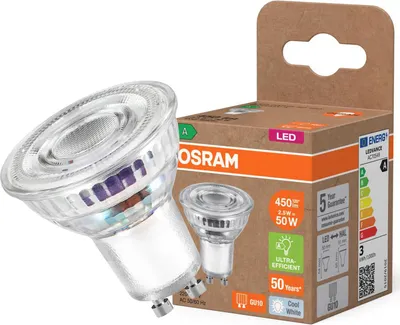 Immagine prodotto di OSRAM Energy Class Lampada LED con riflettore PAR16 da 2,5 W, 450 lm, bianco freddo (4000 K) in vetro senza piombo con base GU10 in classe di efficienza energetica A, diametro 50 mm, IP20.