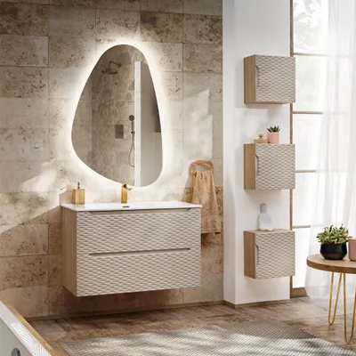 Productafbeelding van Badmeubelset 5-delig, badkameraccessoireset LAXY, eikenhout, beige, kast 80cm, inclusief wastafel