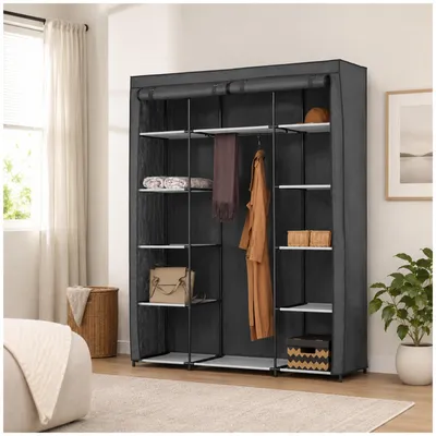 Produktbild von Stoffschrank Lena 179x150x46 cm mit 12 Regalböden, 1 Kleiderstange und Reißverschluss