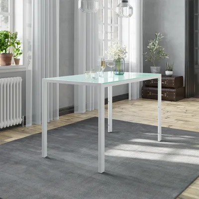 A dining table set in a room with curtains and a radiator.