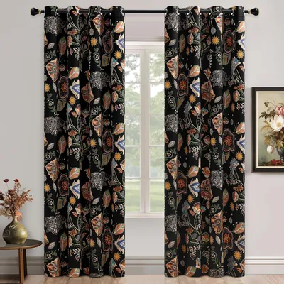 Productafbeelding van Omgoods - Zwart Bloemmotief Blackout Gordijnen 90 Inch voor Woonkamer/Slaapkamer Set van 2