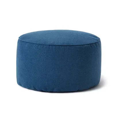 A dark blue round pouf is shown against a white background.