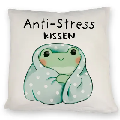 Produktbild von Frosch in blauer Decke Kissen mit Spruch Anti-Stress Kissen