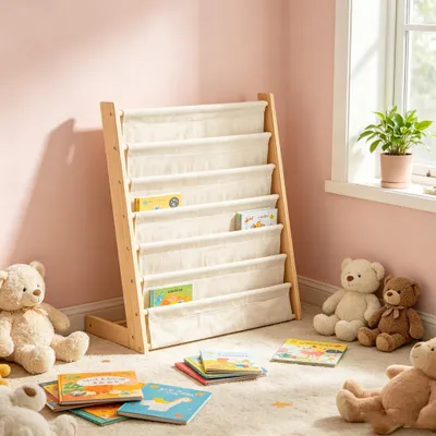 Produktbild von Bücherregal Kinder für Kinderzimmer Kinderregal Regal kleines Bücherregal,Aufbewahrungsregal Bücher-Organizer,Kiefer und Oxford-Stoff 75x30x76cm