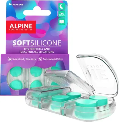 A product shot of Alpine SoftSilicone earplugs, showing both the packaging and a clear case with earplugs inside.