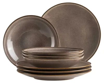 8-teiliges Serviesset, 4 flache + 4 tiefe Teller, Steinzeug, braun