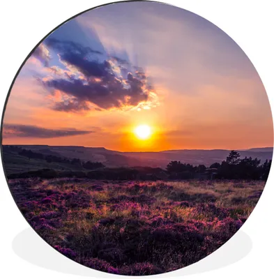 Produktbild von MuchoWow® Aluminium Wandkreis Sonnenuntergang in der Heidelandschaft Ø 90 cm Wanddeko Modern Wohnzimmer - Mauerkreis - Wandbilder - Runde Bild - Bild aus Aluminium - Schlafzimmer - Wohnzimmerdekoration - Wand Dekoration