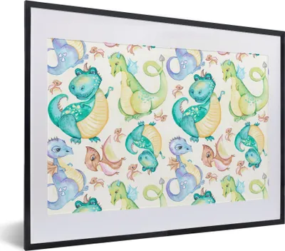 Produktbild von MuchoWow® Gerahmtes Poster Dinosaurier - Aquarell - Kinder - Jungen - Mädchen - Kinder 40x30 cm - Poster mit Schwarzem Bilderrahmen Wandposter Rahmen Foto Bilder - Bilderrahmen - Poster im Rahmen