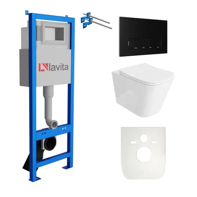 Produktbild von Lavita LAV 101 Vorwandelement für WC 40cm + Wand Hänge Tiefspül WC MAIO Weiß Spülrandlos + Bedienplatte LAV 200.3.4 Schwarz | Komplettset | Unterputz Spülkasten | Toilette Komplett Sett