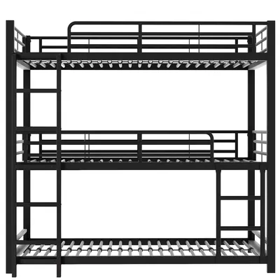 A black metal triple bunk bed with a ladder on a white background.