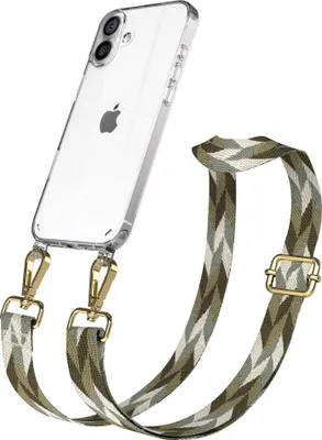 Produktbild von EAZY CASE Handykette - Verstellbarer Trageriemen kompatibel mit Apple iPhone 16 Plus, Handykordel mit transparenter Silikon-Hülle, Karabiner Gold, Mix Style, Band in Grün