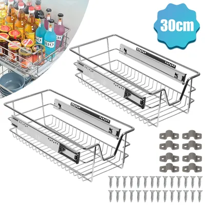 Obrázek produktu pro Pevná teleskopická zásuvka, kuchyňská zásuvka, výsuv pro skříň, výsuv korbu, předmontovaná, chromovaná, stříbrná, 30 cm