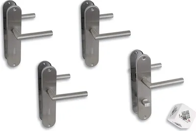 Four stainless steel door handles with backplates are arranged on a white background. A small, cube-shaped object with graphics is in the bottom right corner.