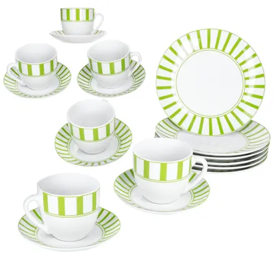 Immagine prodotto di servizio da caffè 18 pezzi Split verde a righe in porcellana 6 pers tazza piattino piatto a righe