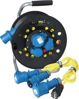 Produktbild von Kalle Campingkabeltrommel CEE 230V 16A 2,5mm² Extreme Signal Gelb IP44 25 Meter Kabeltrommel + Anschlussleitung 1,5m + Adapterleitung